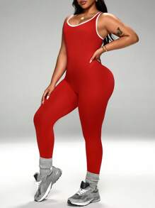 Rhythm Era 大码女式撞色露背红色运动连体裤无缝连体裤女式运动服连体裤健身房连体裤健身连体裤红色连体裤 - 紅色 - 查看 2