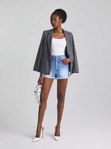 Slaydiva 女士时尚水钻磨边口袋牛仔短裤 - 淺色水洗藍 - 查看 7