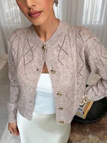 Lavishia 女士纯色长袖单排扣镂空休闲开衫 - 卡其色 - 查看 4