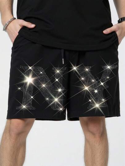 Street Life Men's Black Rhinestone English Letter Logo Pattern Casual Sports Shorts