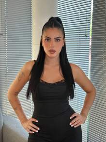 Lucia Bellido Jumpsuit Wanita Polos dengan Panel Renda dan Tali Bahu Tipis, Model Slim Sederhana - Hitam - View 1