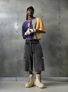 NEON BLANC Men's Fashion Street Embroidered Wide Leg Shorts - Black - View 7