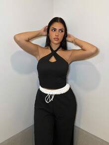 Lucia Bellido Débardeur ajusté d'été pour femme avec col cache-cœur de couleur unie