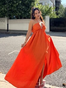 NegzBox 新款春夏休闲假日露背露肩胸围、腰围和后背摆裙，前开叉至大腿，黄色海条纹女式超长连衣裙-B - 橘色 - 查看 1