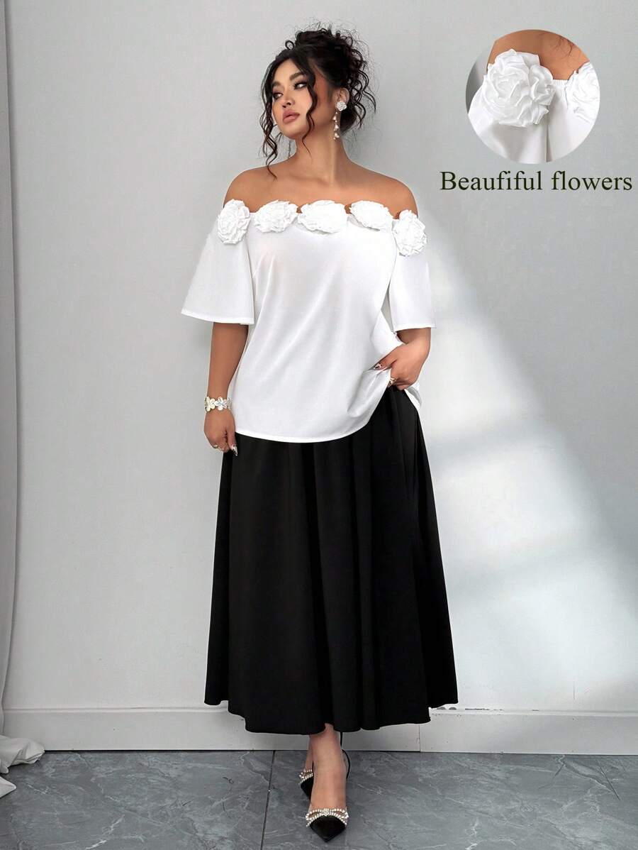 Elenzga Plus Size Women's Elegant Off-Shoulder Blouse, Floral 3D Decor Color Block Skirt 2 Pieces Set - Black and White - View 1