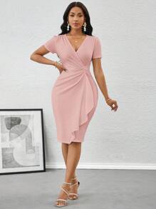 SHEIN Lady Váy midi ôm eo xếp nếp thanh lịch dành cho nữ, Váy dự tiệc sinh nhật và sự kiện mùa hè/Váy công sở/Váy đi nhà thờ/Váy cưới/Váy ngày lễ/Váy trắng - Bụi hồng - Xem 7