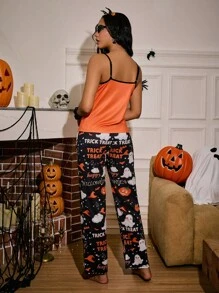 Miss Vinta Vintage Casual Ghost & Pumpkin Halloween Print Camisole & Pants Women Pajama Set Orange Pajama Set Women Halloween Pjs Women Halloween Pajama Set - Black - View 2