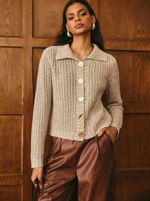 Poéselle Cárdigan de mujer con botones metálicos de color marrón claro cálido, cárdigan de punto con botones básico de unicolor casual y sencillo para ir al trabajo, estilo campestre bohemio occidental para otoño, invierno y vuelta al colegio - Caqui - Ver 7