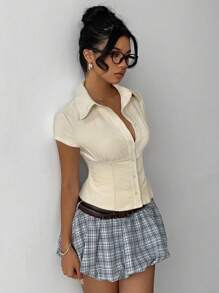 Aloruh 女士优雅纯色短袖褶腰衬衫，通勤、日常穿着、办公室、春夏季通用 - 杏色 - 查看 3