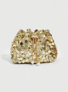 CUCCOO SZL 1个链条抽绳封口PVC亮片闪亮金属仿珍珠装饰彩色女士水桶包单肩斜挎金色手拿包，时尚礼物，适合女士派对晚装，完美搭配女士舞会礼服、舞会配饰、亮片连衣裙、闪亮连衣裙、优雅连衣裙、优雅舞会包，完美搭配新娘派对、金色包包、亮片 - 金色 - 查看 8