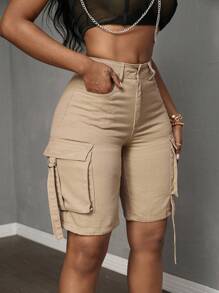 SHEIN Tall Women Knee-Length Solid Color High-Waist Skinny Cargo Denim Shorts - Khaki - View 3