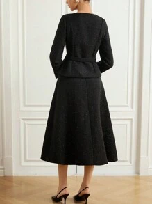 Aveloria Rosie 2 件套法式优雅衬衫和高腰 A 字长裙套装，修身黑色晚礼服 - 黑色 - 查看 2