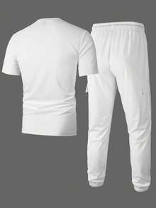 Manfinity Homme 男士字母印花圆领短袖T恤和休闲工装裤套装 - 白色 - 查看 3