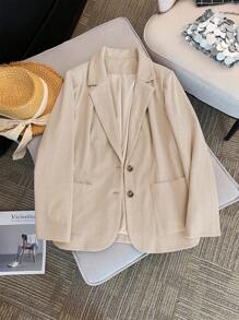 Franclia Áo blazer dáng suông dài tay, cổ ve lật, túi vá, chất liệu vải xương cá, thích hợp cho nữ mùa thu. - Màu be - Xem 6