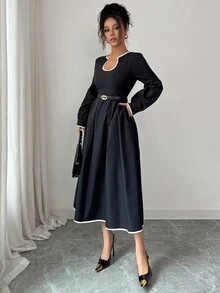 Siren Gaze Solid Color U-Neck A-Line Hem Dress, Contrast Trim Dress, Elegant Women's Clothing, Ladies Office/Commute Long Sleeve Dress, Black Dress Winter Evening Dress Black - Black - View 4