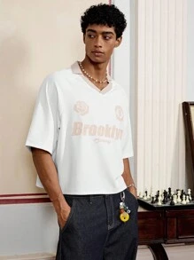 Manfinity VCAY Men's Casual Street Sports Letter & Floral Print Contrast V-Neck Raglan Sleeve Loose T-Shirt, Summer - White - View 3