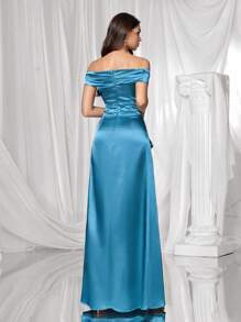 Coutiva Robe élégante et minimaliste avec épaules dénudées et froncée, nouvelle mode élégante pour femmes - Vert - Voir 2