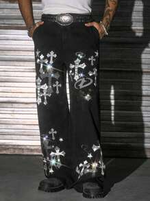 AXEPEAK Quần ống rộng túi họa tiết chữ thập sáng bóng dành cho nam - màu đen - Xem 1