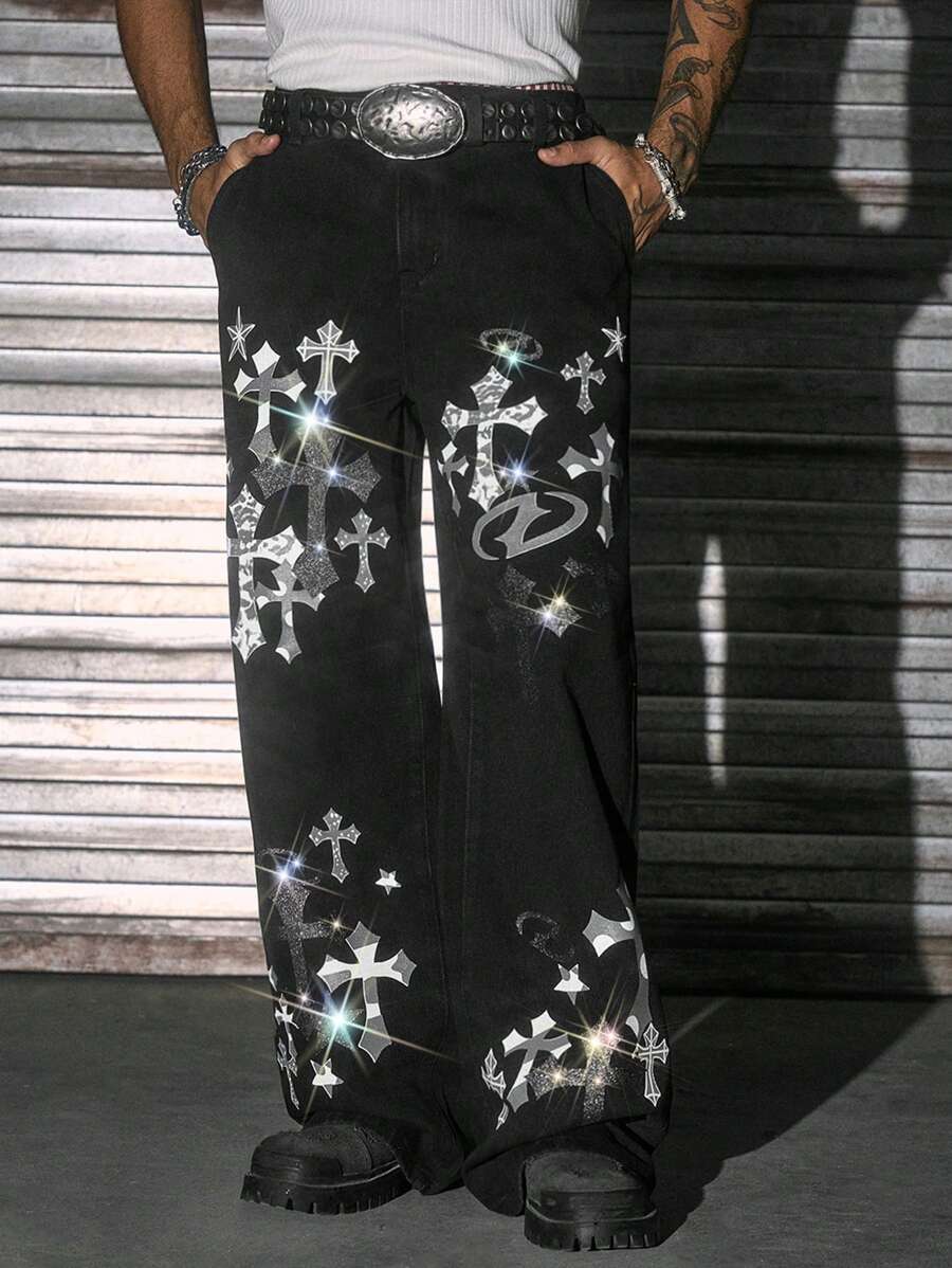AXEPEAK Quần ống rộng túi họa tiết chữ thập sáng bóng dành cho nam - màu đen - Xem 1