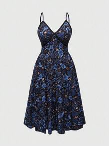 ROMWE Goth 加大码深紫色飞蛾与花卉印花超长吊带裙