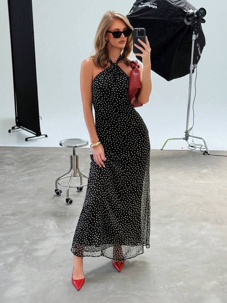 AiiRZ Vestido largo con cuello halter de gasa con estampado de lunares, vestido de fiesta de noche elegante para invitada de boda, vestido formal de ocasión con cintura imperio y falda fluida, vestido de vacaciones elegante