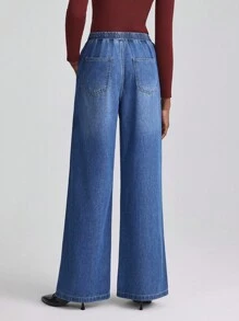 SHEIN Essnce Women's Rhinestone Star Drawstring Waist Pocketed Casual Jeans - Dark Wash - View 2