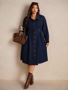 Elaquor 加大码深蓝色牛仔连衣裙衬衫式长袖长裙腰部设计秋季时尚穿搭OOTD - 深色水洗藍 - 查看 6