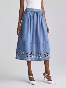 Selenza Chân váy denim chữ A thêu hoa rỗng thoải mái cho nữ - Rửa trung bình - Xem 3