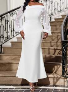 Fleurora 大码女士优雅派对连衣裙，不对称领口网纱拼接，水钻灯笼袖，鱼尾下摆，修身款