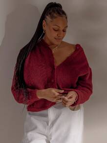 Aralina Áo cardigan cardigan dáng suông cài khuy kiểu Stockholm dành cho giáo viên, mùa thu đông, kiểu dáng thường ngày. - Đỏ - Xem 6