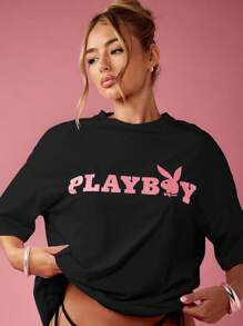 Missguided x Playboy 超大图案印花棉质 T 恤，侧开衩，兔子标志设计，个性 T 恤，休闲街头服饰，夏季春季时尚 - 黑色 - 查看 4