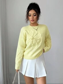 Elenzga Suéter de punto de cuello redondo elegante para mujer con diseño floral bordado y unicolor, para otoño e invierno