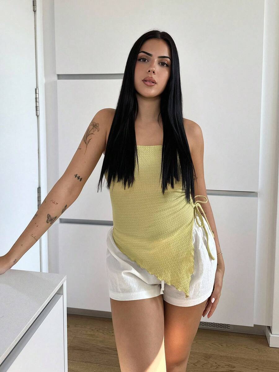 Lucia Bellido 女式夏季不对称褶皱抹胸上衣 - 綠色 - 查看 1