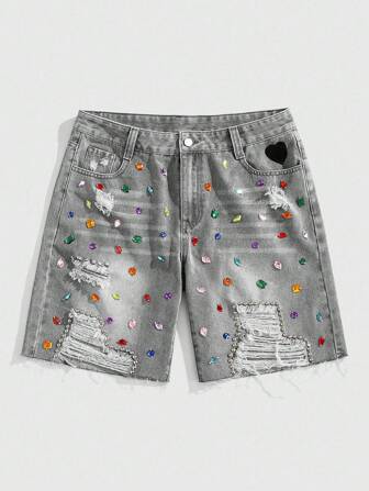 Street Life Pantaloncini di jeans da uomo alla moda, strappati e con strass, adatti per l'estate