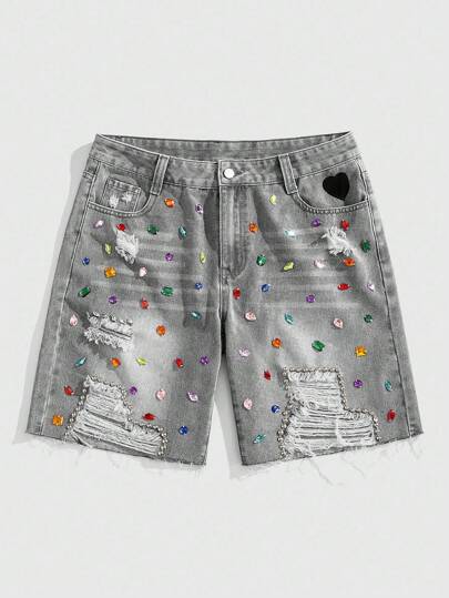 Street Life Men's Fashionable Ripped Rhinestone Denim Shorts, Summer
