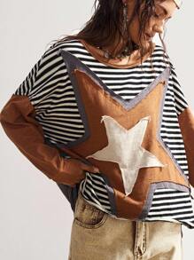 Bohemela Áo thun tay dài dáng rộng in hình sao và sọc BOHO phong cách Mỹ dành cho nữ - Xám - Xem 3