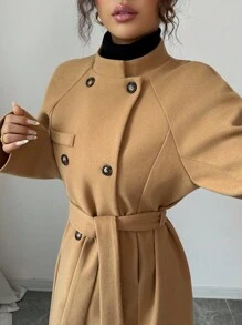 Elenzga Áo khoác dài cổ bẻ tay raglan hai hàng khuy xẻ tà buộc dây cho nữ - Màu Khaki - Xem 5