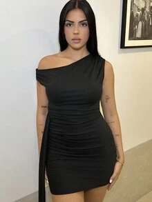 Women's Summer Solid Oblique-Shoulder Asymmetrically Ruched Bodycon Mini Dress With Draped Straps,Summer Dresses
Spring Clothes - View 6