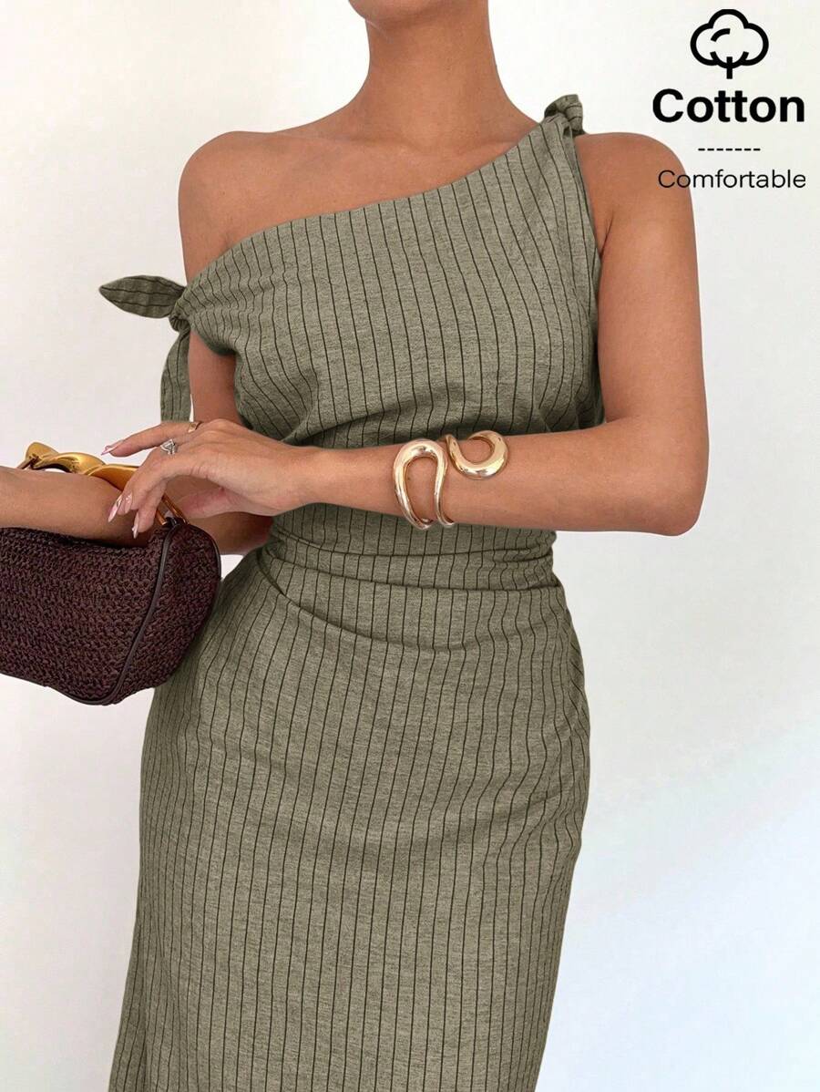 Siren Gaze Váy kẻ sọc cổ lệch dành cho nữ đi làm thường ngày, mùa hè - màu xanh lá - Xem 1