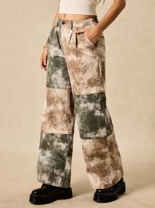 Easelle Women's Retro Casual Personalized Avant-Garde Yellow-Green Camouflage Pattern Splicing One Trousers Multi-Wear Zipper Closure Multi-Function Loose Straight Low-Waist Trousers - Multicolor - View 7