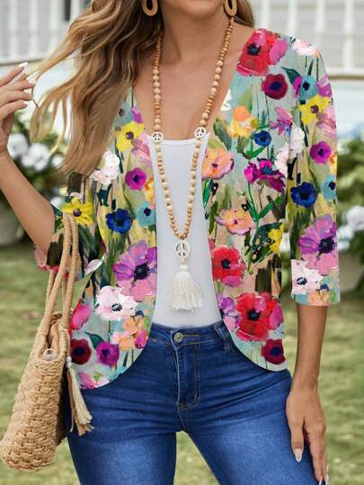 EMERY ROSE Cárdigan ligero de verano con estampado floral casual para mujer, adecuado para ropa de camping, otoño e invierno. Cárdigan floral, blusas de otoño para mujer, ropa de otoño para mujer, casual
