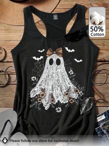 Attitoon Camiseta sin mangas de mujer con gráfico minimalista divertido de fantasma, calabaza y encaje de Halloween