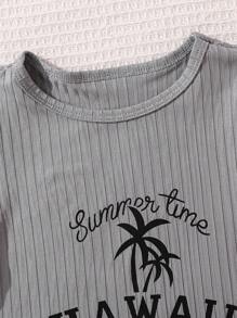 SHEIN 女童度假棕榈树印花针织背心裙，轻盈 - 灰色 - 查看 7