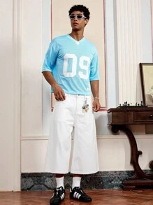 SWAVVY 男士休闲百搭纯色阔腿牛仔短裤 - 白色 - 查看 6