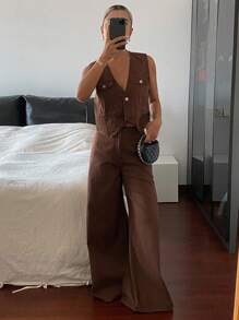 DAZY Conjunto de top sin mangas de cuello en V y pantalones vaqueros de corte holgado para mujer - Azul - Ver 4