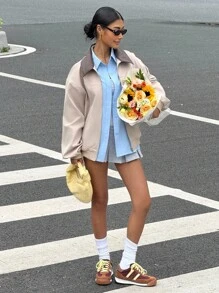 Muchica 女式秋季休闲撞色领夹克，适合冬季和秋季穿着 - 卡其色 - 查看 6