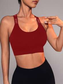 Easithlete 女士字母提花交叉后背休闲健身运动文胸 - 紅色 - 查看 6