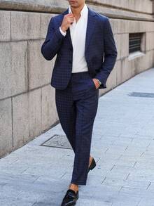 Manfinity Bizformal 男士商务格纹印花翻领西装外套和裤子套装，蓝色格纹男士两件套办公室，Old Money - 藏蓝色 - 查看 3