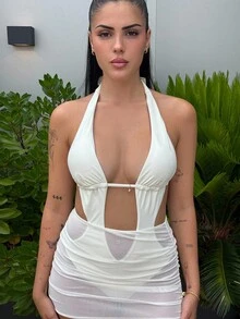 Lucia Bellido Women's One-Piece Swimsuit, Elegant Sexy Halter Hollow Out Backless Seashell Metal Buckle Decor Ruched Skirt Design For Summer Beach Vacation Swim Suits For Women Vacation Outfits Woman Summer Outfits For Women Beach Outfits For Woman/Country Concert Outfit - Apricot - View 4