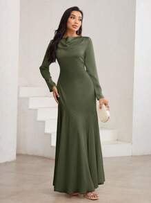 Veilorie 女士优雅纯色连衣裙，适合派对 - 軍綠色 - 查看 4